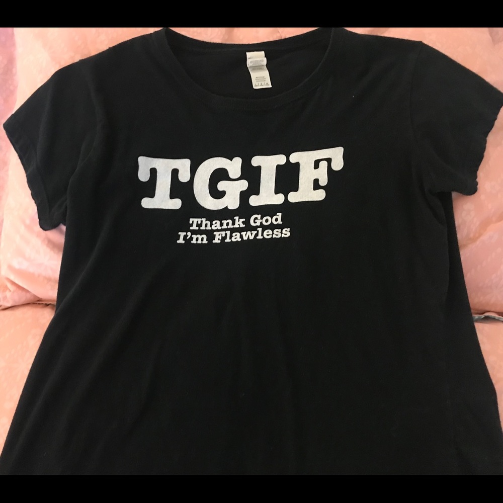 Black shirt with white writing